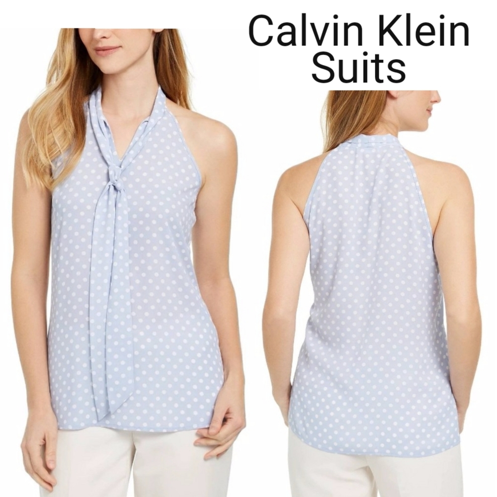 Calvin Klein Wm's Sleeveless X-Fit Slim-Fit Blue White Dot Print Tie Neck Top XS